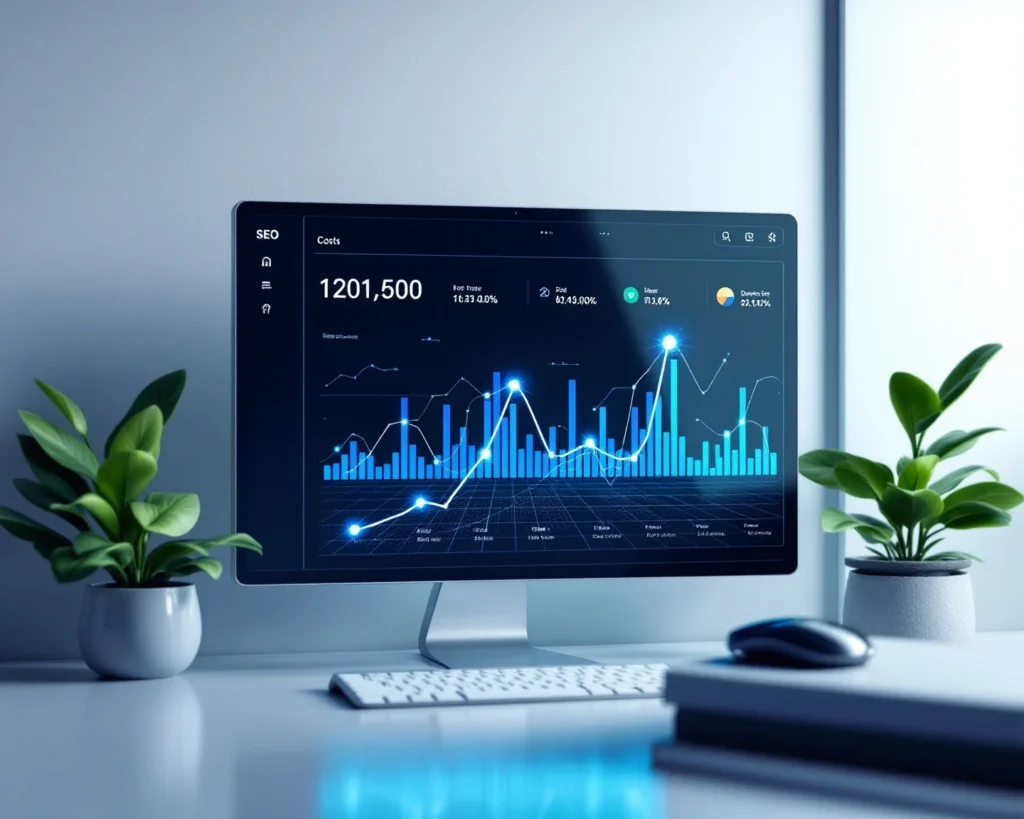 Digitale Analyse-Visualisierung mit Diagrammen und Datenpunkten zu SEO Kosten für kleine Unternehmen
