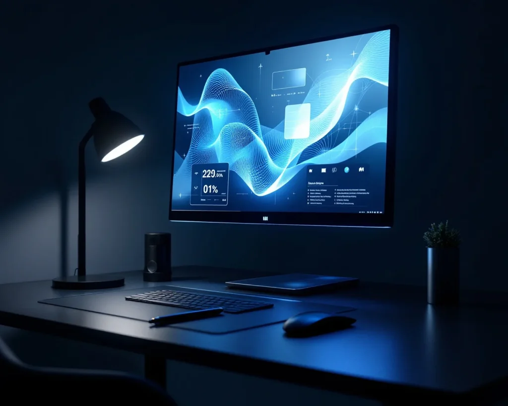 Webdesign Freelancer Arbeitsplatz mit Monitor und Grafiktablett – professionelles Setup für Webprojekte