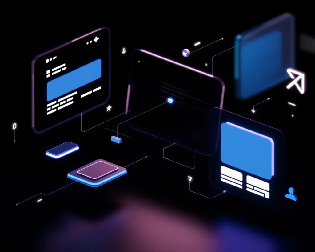 Website erstellen lassen: Digitale Darstellung einer professionellen Website-Entwicklung mit modularen Seitenelementen